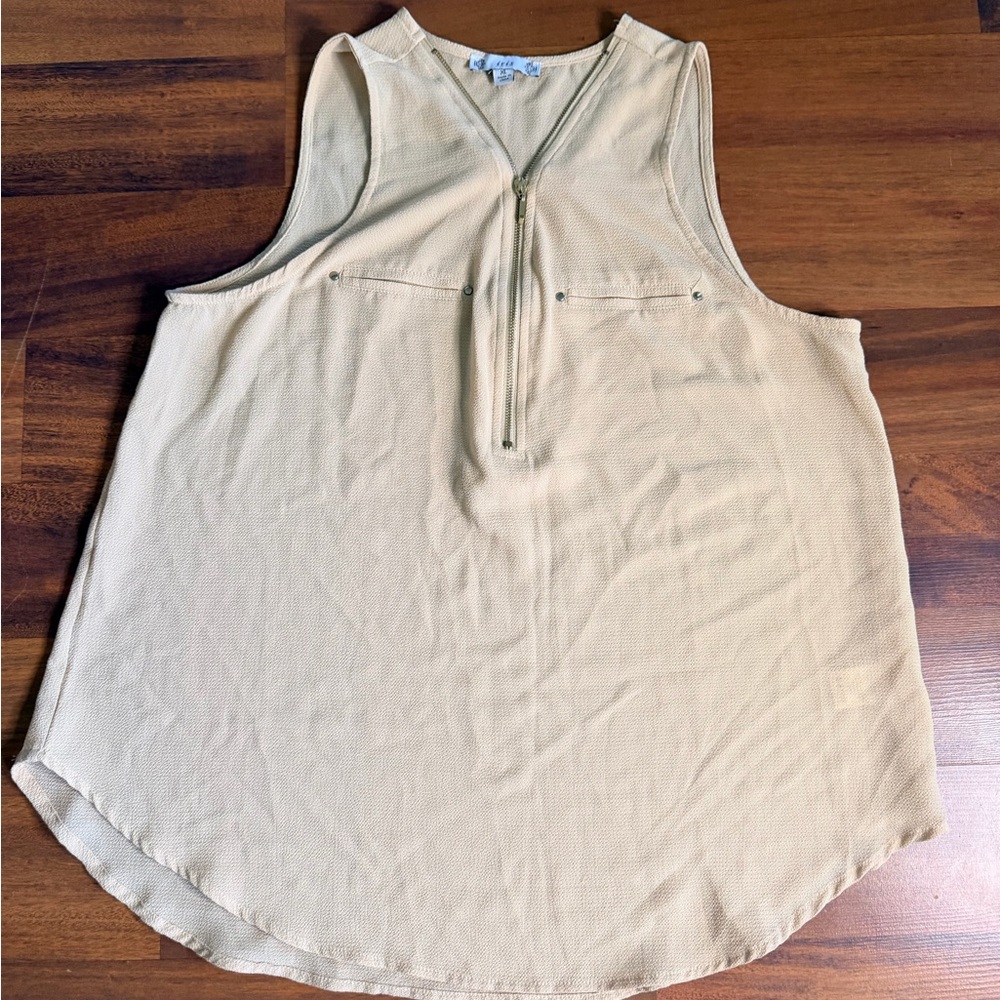 Iris Womens Sleeveless Blouse XL Beige Zip Front Tank Top Minimalist Workwear